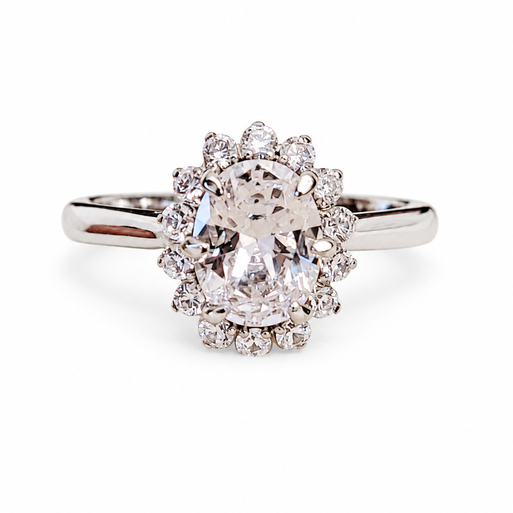 Oval-Cut Cubic Zirconia Geometric Floral Halo Ring Sterling Silver Size 6